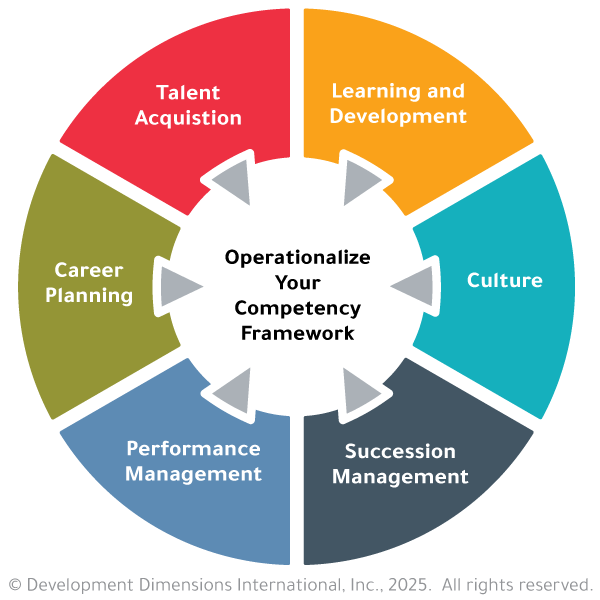 A colorful wheel sectioned to describe key aspects, like culture and succession management that hep make a leadership competency framework operational.