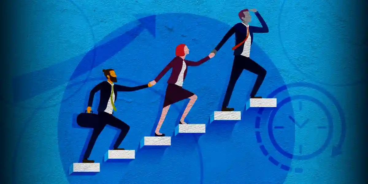 Illustration of business dressed new leaders, holding hands while climbing stairs.