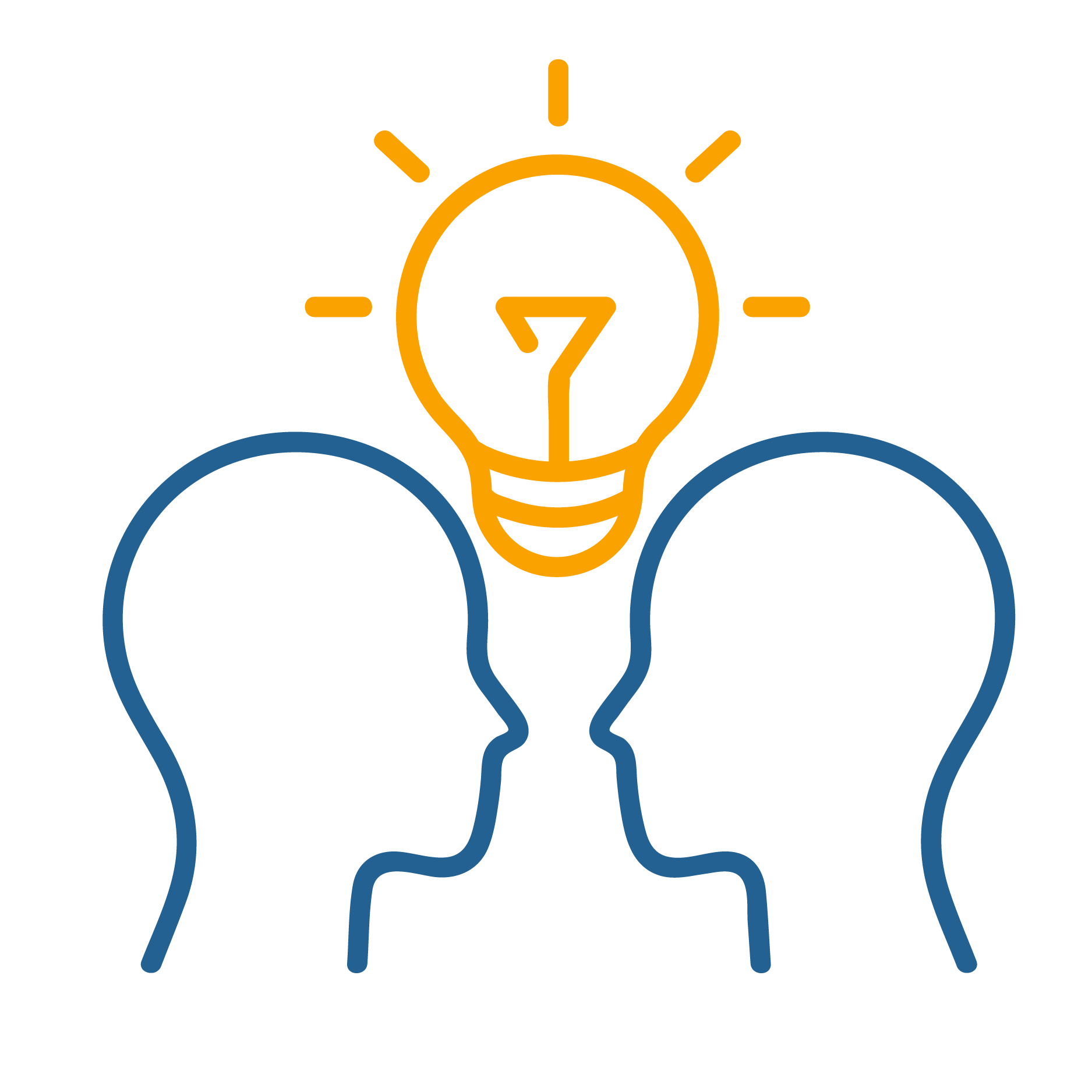 Silhouettes of two people and lightbulb icon for peer learning.