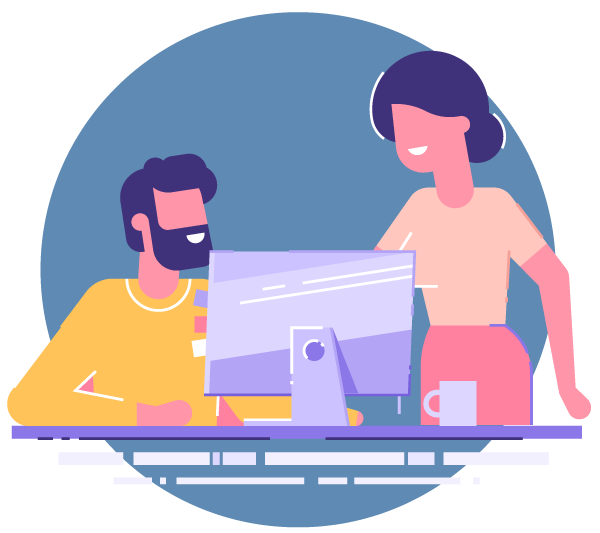 illustration of two people collaborating at work behind a lap top to show this part of the blog details out first-time manager advice for communicating effectively with team members