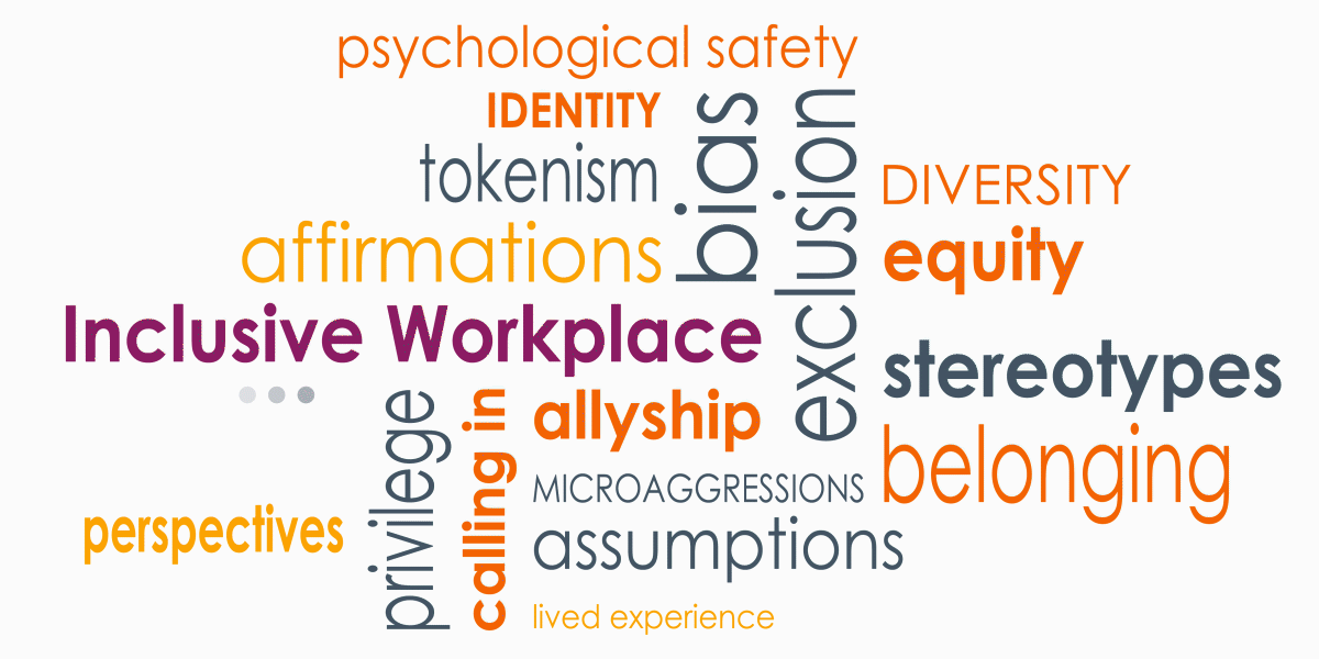 infographic with terms related to embracing diversity in the workplace, including: psychological identity, empathy, Inclusive Workplace, perspectives, belonging, and more