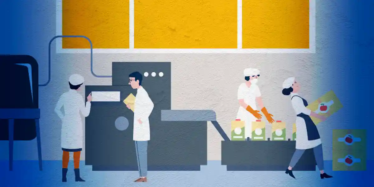 Employees in a manufacturing plant lift boxes and move items on a conveyor belt while a supervisor implements manufacturing leadership skills during a conversation with an employee on the floor.