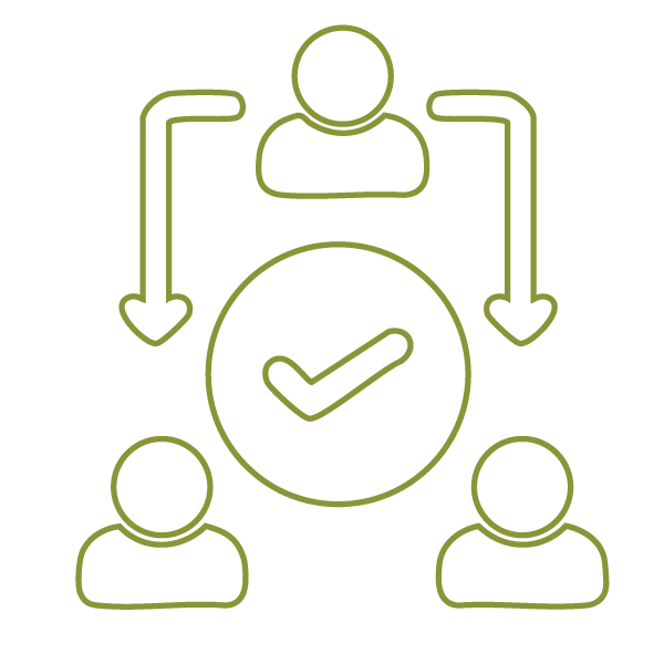 Illustration of three green people with revolving arrows and green checkmark to show how delegation can help prevent burnout.