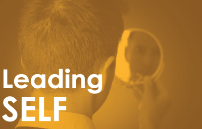 graphic that says, "Leading self" with a business professional person looking in a mirror in the background to show this value of middle managers is their capability to navigate visibility and vulnerability 