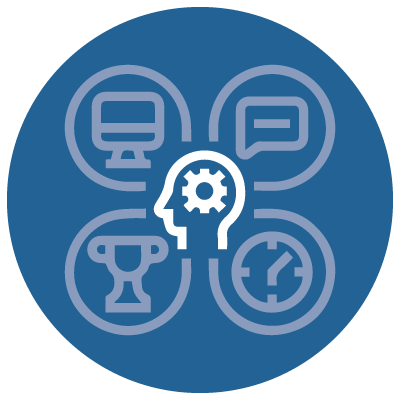 icon of a head surrounded by other icons representing leadership skills, a conversation bubble to show good communication, a clock to show good planning, etc. to show that one strategy to build a healthy leadership culture is developing leaders in critical skills