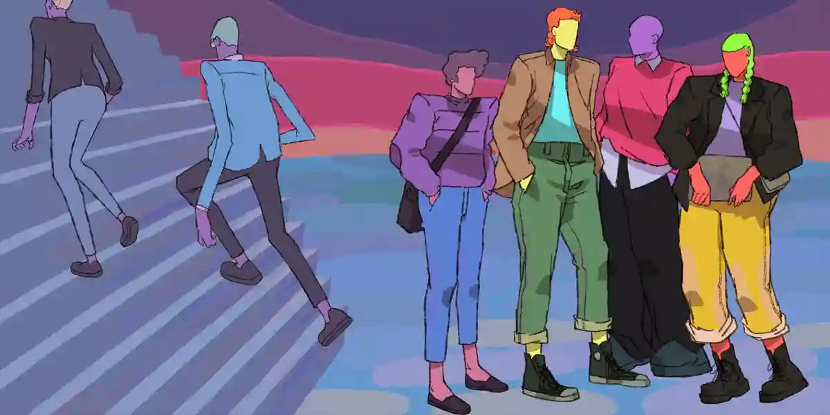 young employees stand by the base of staircase but don't follow their colleagues upstairs, showing that in "conscious unbossing" Gen Z opts out of pursuing leadership roles