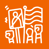 icon of fists raising in the air, and flags and signs, to show one of the leadership trends 2024 is political unrest