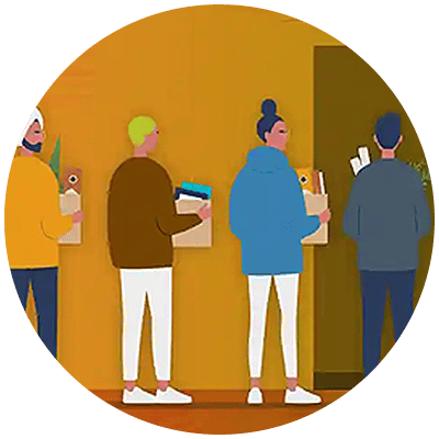 Four employees leaving office with packed boxes exemplifying why good employees leave and how to retain them.