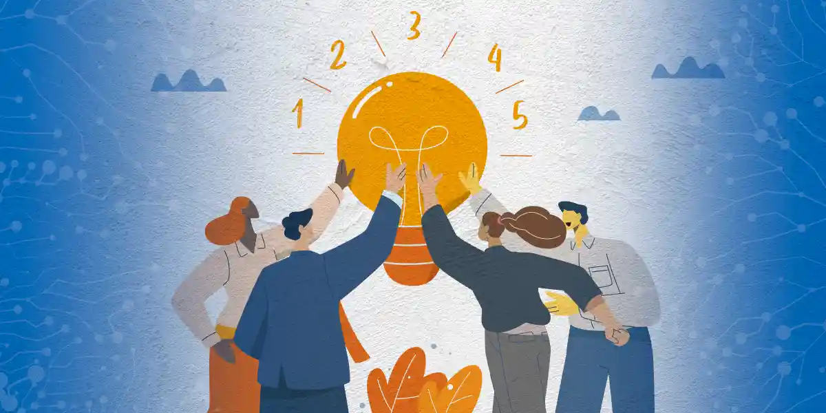 People are around a lightbulb with 5 numbers for the top 5
