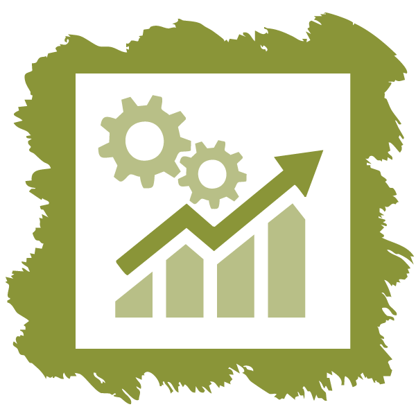 icon of a bar graph trending upwards and gears show that increased productivity and efficiency are another way to measure the ROI of leadership development