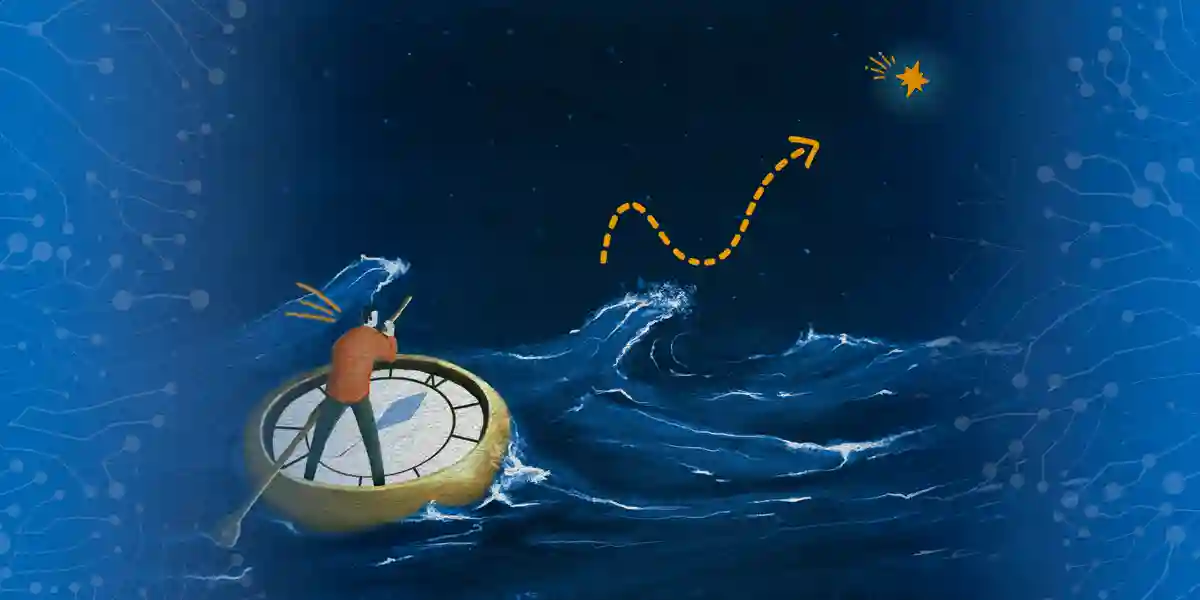 man on a compass in the sea with an ore paddling towards his north star