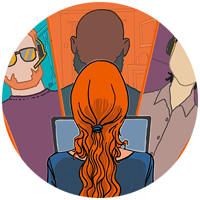 illustration of a person working on her computer on a virtual meeting with three different people on different areas of her computer screen