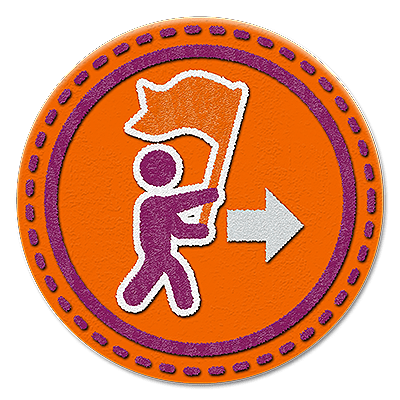 execution badge (person holding flag next to arrow) to represent one of the core leadership skills