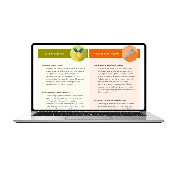laptop with DDI's leadership assessment results, showing a leader what they did well and where they can improve