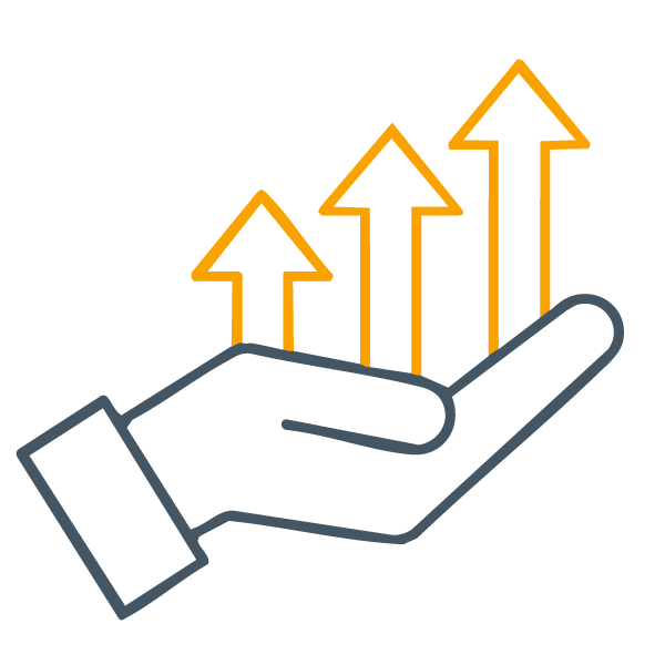 icon of a hand holding arrows pointing upward and trending upward to show that purpose-driven leaders have a high commitment to growth