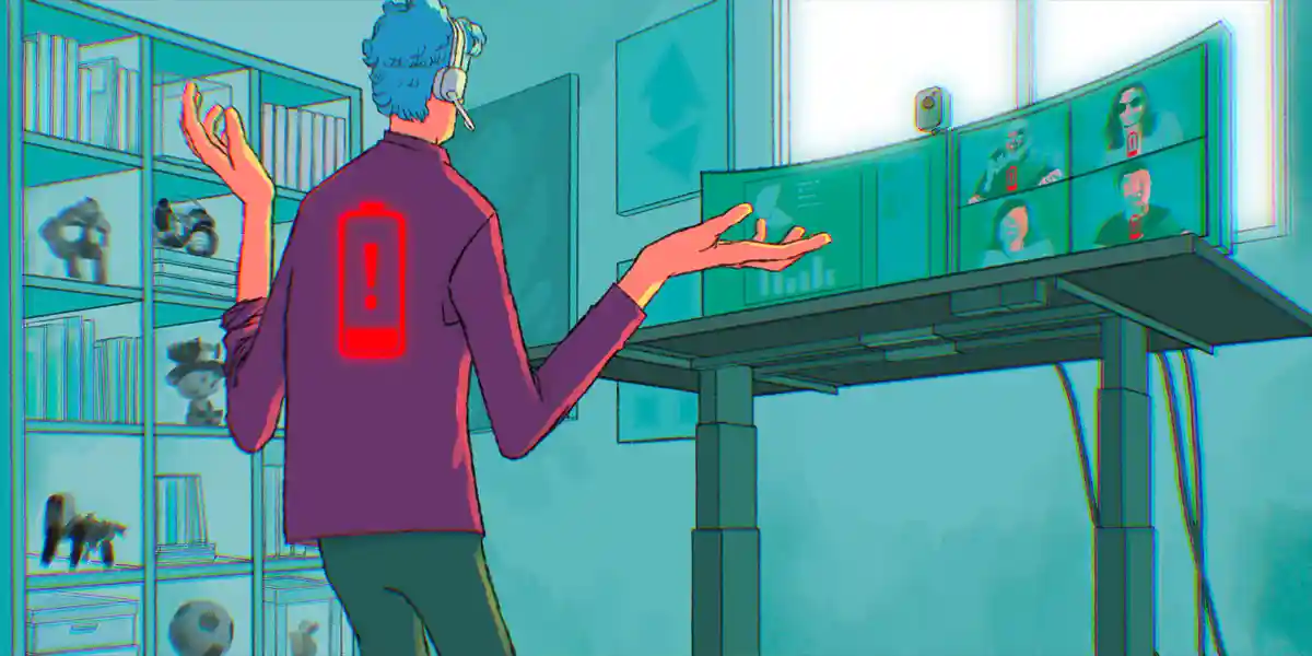 Illustration of a man wearing a headset and in front of a screen where he is leading a virtual meeting. Each team member shows internal batteries that are dwindling to indicate their need for strategies that prevent burnout. 