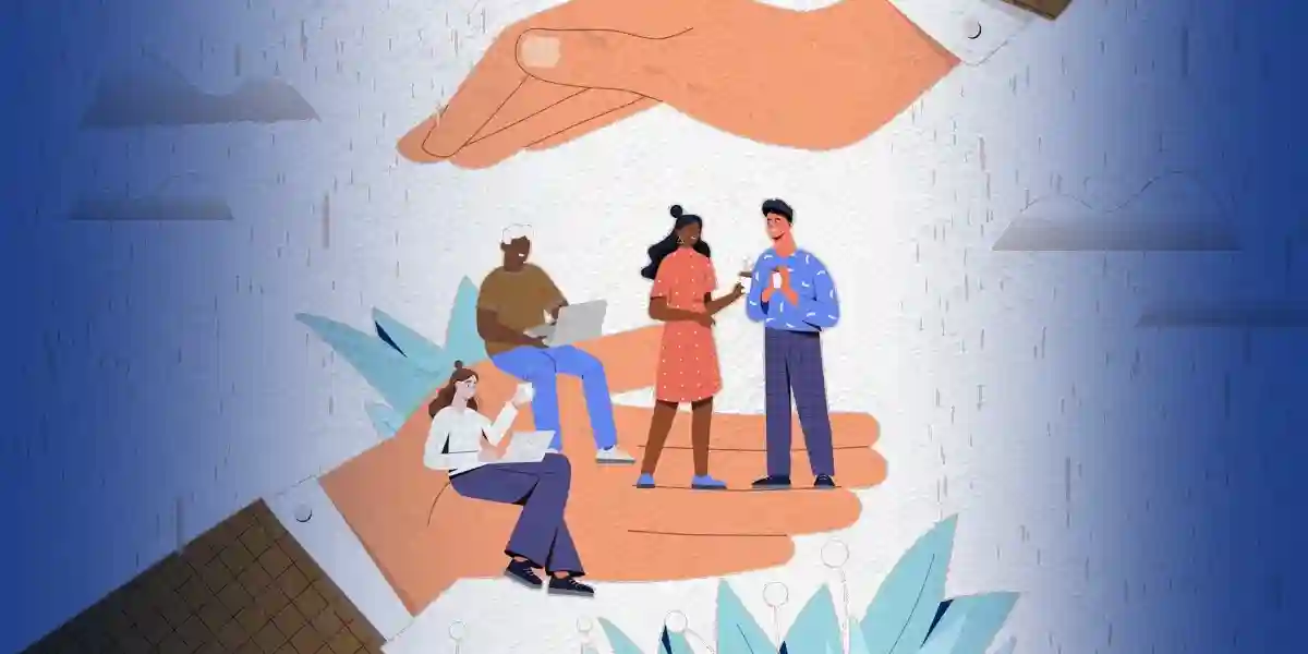 illustration of large hands. One holds employees working and collaborating and the other shields them from the rain, showing how leaders build trust through their actions