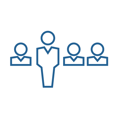 illustration of a teacher icon with student people icons in the background to show that traditional classroom is among the tools for blended learning strategies