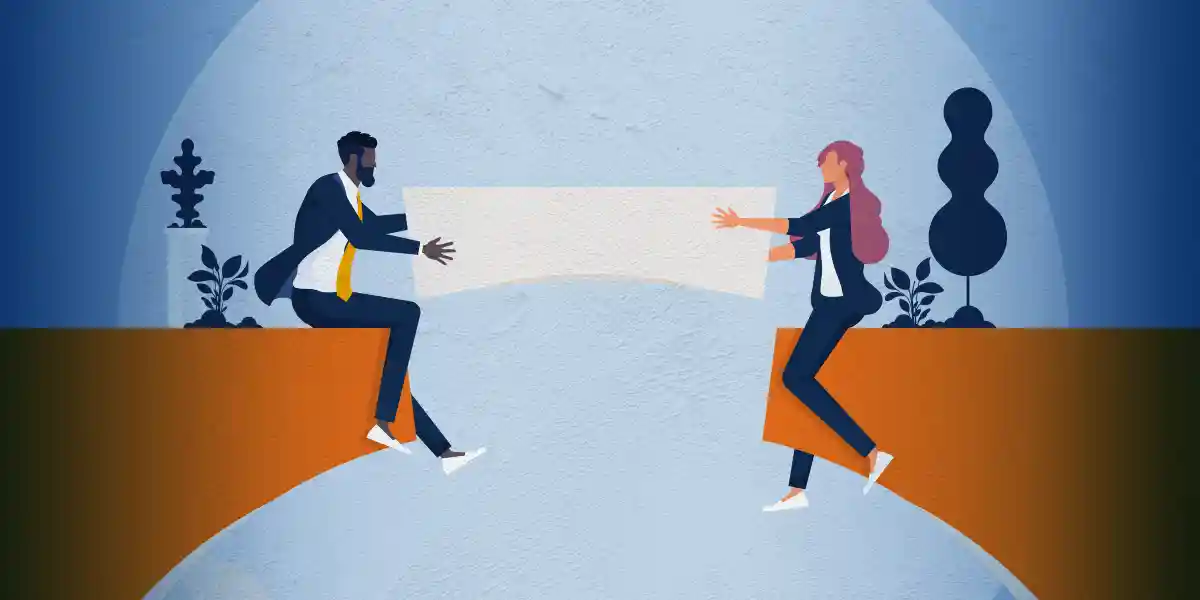 illustration of two employees sitting on opposite sides of a broken bridge. Together, they hold the missing piece over the center, about to place it to show how succession planning best practices close the gap in leaders' readiness for future roles.