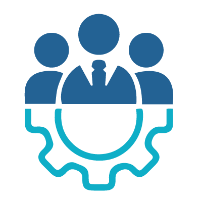 icon of a gear with business people icons coming out of it to show that step one of creating a coaching culture is to get senior-level support