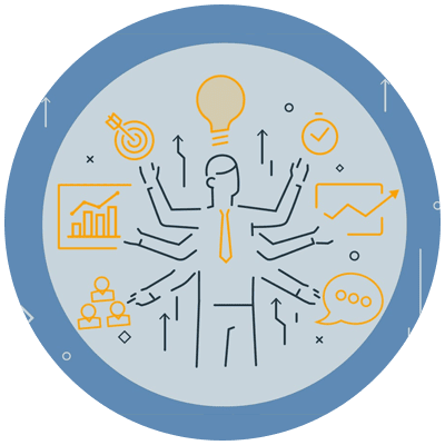 illustration of a leader with several arms pointing to various icons representing the considerations for implementing a leadership development program correctly, for example a graph to show that data is helpful in measuring its success 