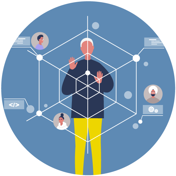 illustration of a male CEO standing behind a digital screen of data, moving pieces of it around, enacting the Data Miner, one of the five CEO leadership personas