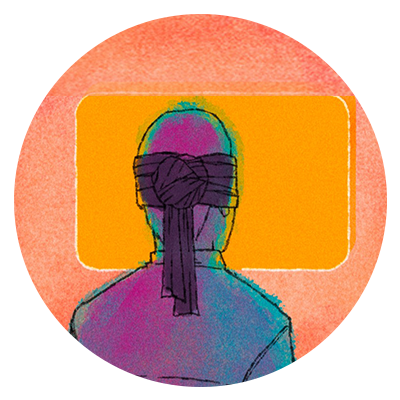 icon of a leader with a screen in their background, with a blind fold on to show that when learning is only self-directed and episodic, the leader does not get the benefits of a leadership development program that includes the learning journey approach 