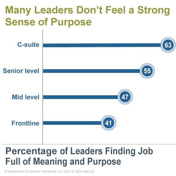 stat graphic about how many leaders don't feel a strong sense of purpose at work:

C-suite: 63%*
Senior level: 55%*
Mid level: 47%*
Frontline: 41%*

*percentage of leaders finding their job full of meaning and purpose