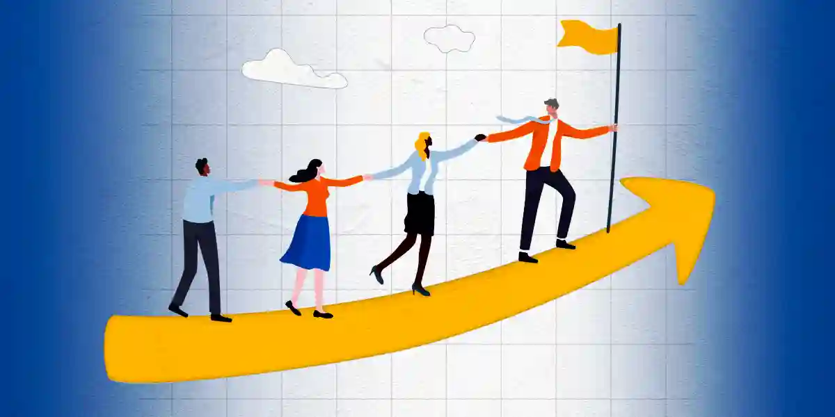 Four leaders dressed in colorful clothing climb a yellow arrow pointing upward. The front leader is reaching back to grab a person's hand and he is carrying a yellow flag to represent the definition of leadership.