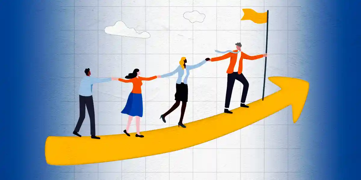 Four leaders dressed in colorful clothing climb a yellow arrow pointing upward. The front leader is reaching back to grab a person's hand and he is carrying a yellow flag to represent the definition of leadership.