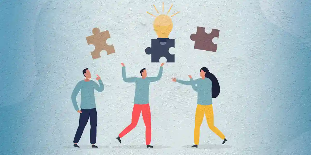 Illustration of three leadership facilitators, holding multicolor puzzle pieces.