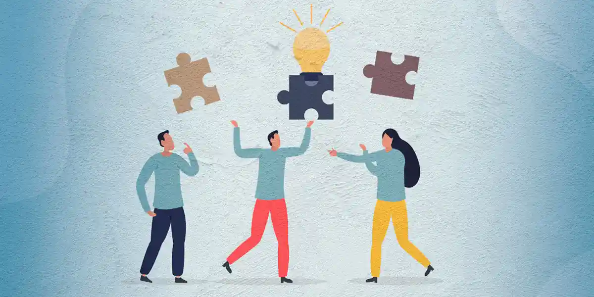 Illustration of three leadership facilitators, holding multicolor puzzle pieces.