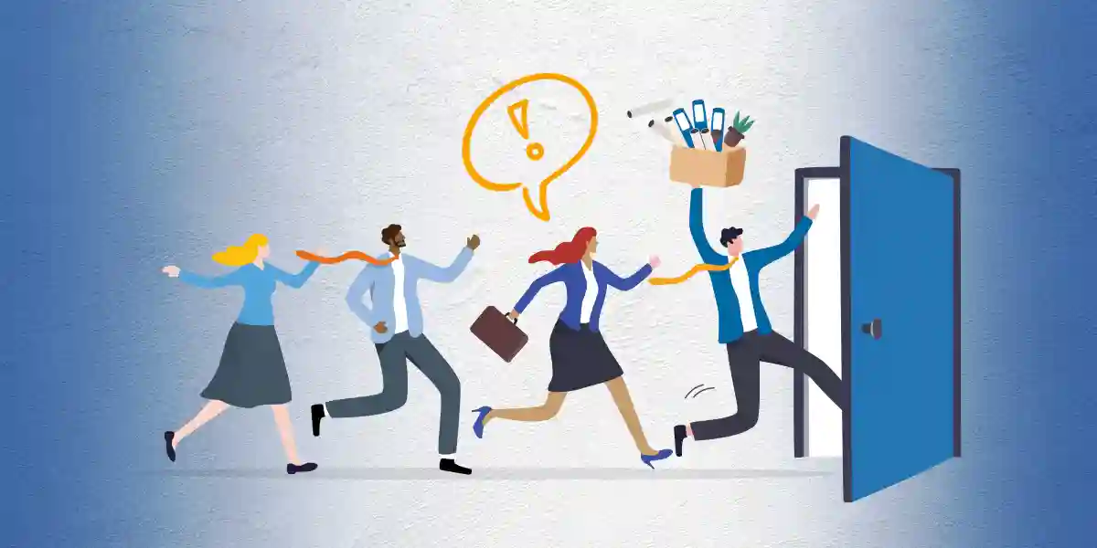 Four employees hastily running out the door with briefcases and a box of desk items in hand to indicate why good employees are leaving and how to implement employee retention strategies.