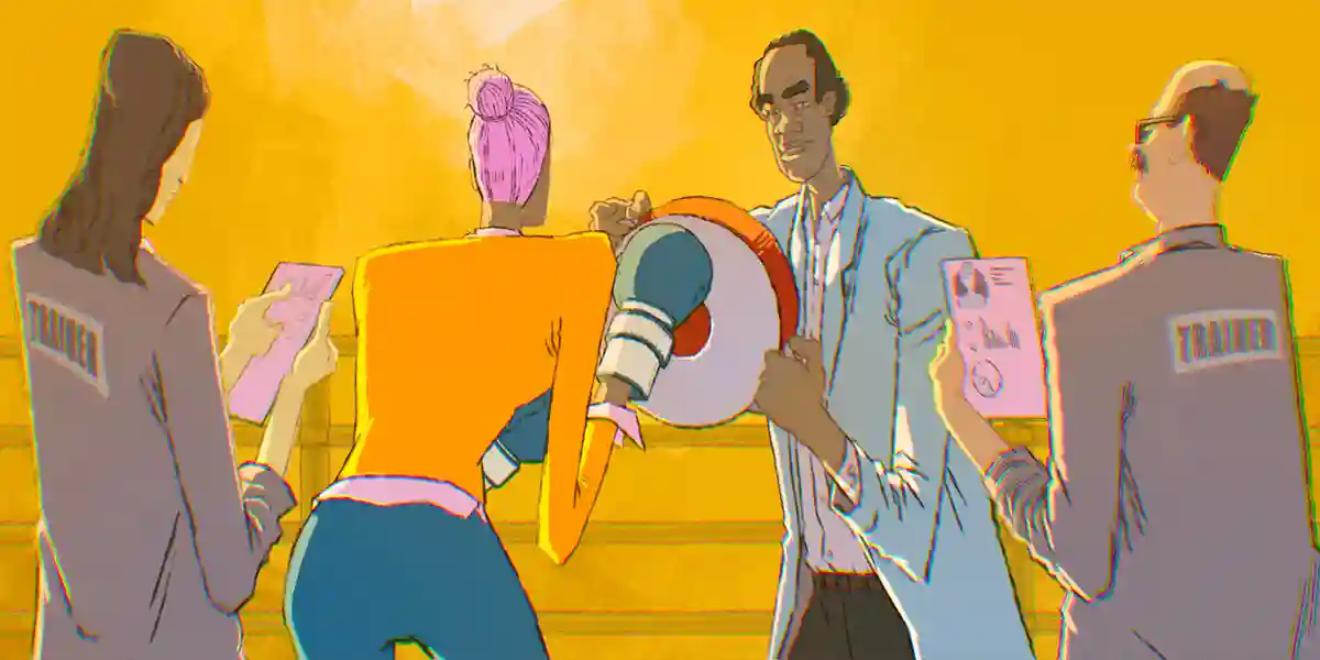 one person with boxing gloves hits a target another person is holding, all while two trainers with clipboards analyze progress of best leadership training types for leaders