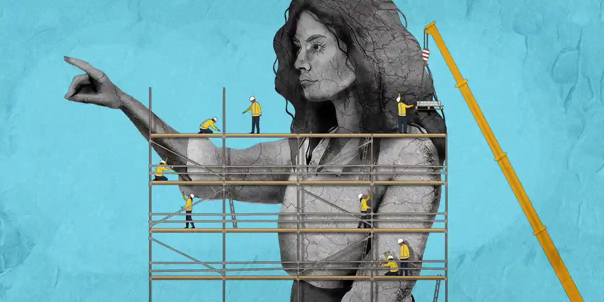 Illustration of construction workers standing on scaffolding putting together a woman's figure to represent building a leadership competency framework.