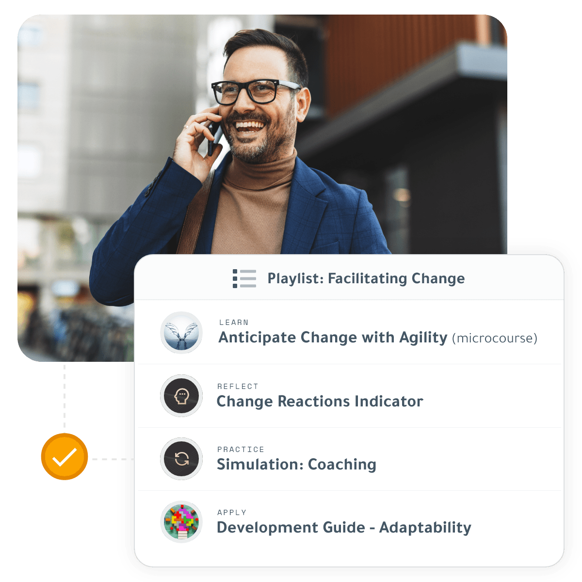 Business professional man wearing dark-rimmed glasses and a tan turtleneck with a blue suit jacket, while holding a cell phone. A graphically designed box outlines a leader's course playlist for DDI's leadership development program.?fm=webp&q=65