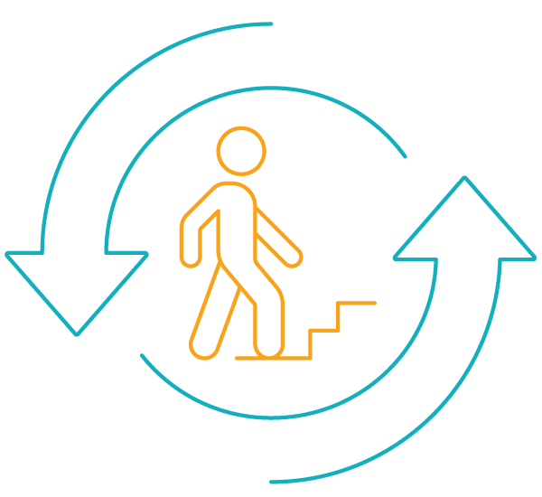 illustration of a person icon climbing stairs with arrows around him to show that DDI's latest research is a leadership transitions report