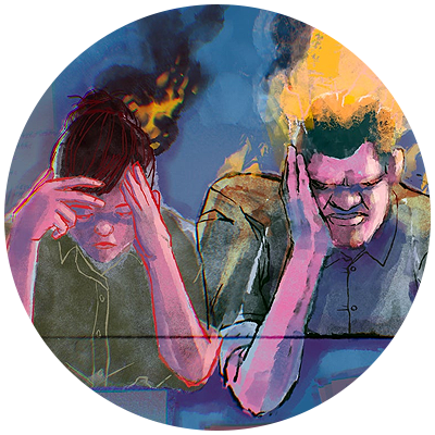 illustration of business professionals looking down, upset with flames coming out of their heads to show burnout