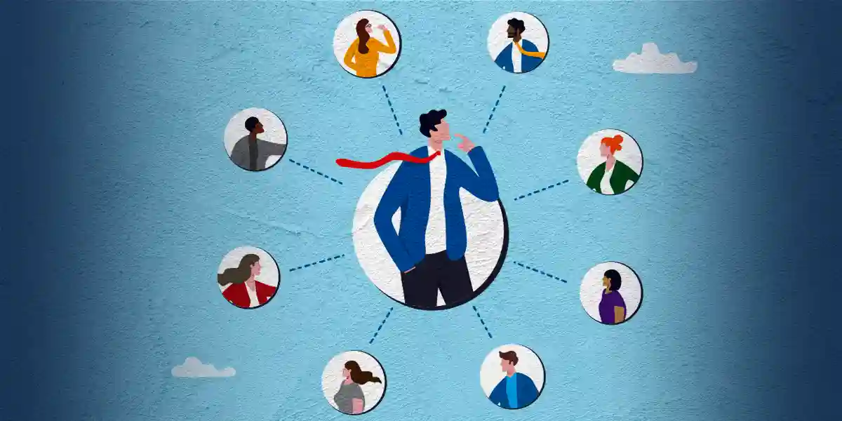 illustration of a leader thinking about how to use 360 degree feedback, surrounded by colleagues, managers, and team members who reviewed them in the assessment