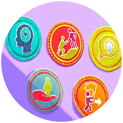 Colorful badges representing 7 core leadership skills.