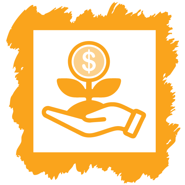 icon of a hand cradling a plant that sprouts a coin to show that revenue growth is a key indicator of the ROI of leadership development