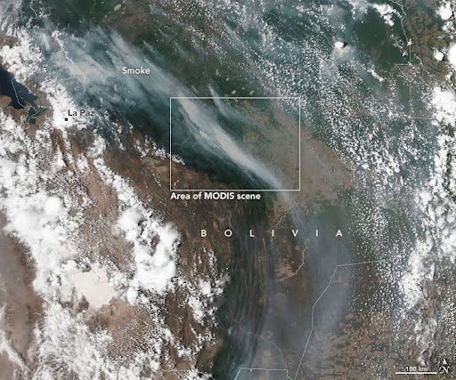 A map of Bolivia from space, as seen by the MODIS satellite. A box around an area of smoke is labeled 