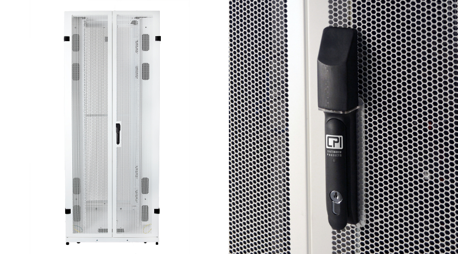 A server cabinet with mesh doors and a lock mechanism.