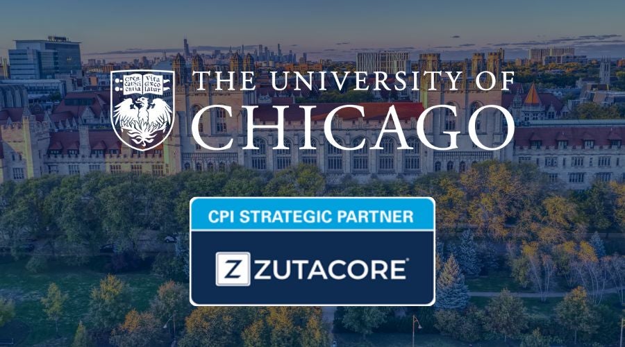 Aerial view of the University of Chicago campus with historic buildings and autumn trees, featuring the University of Chicago crest with CPI Strategic Partner ZutaCore logo overlay, representing collaboration on advanced liquid cooling solutions for data centers. 