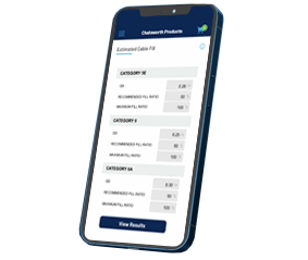 Mobile phone displaying estimated cable fill results with categories and fill ratios.