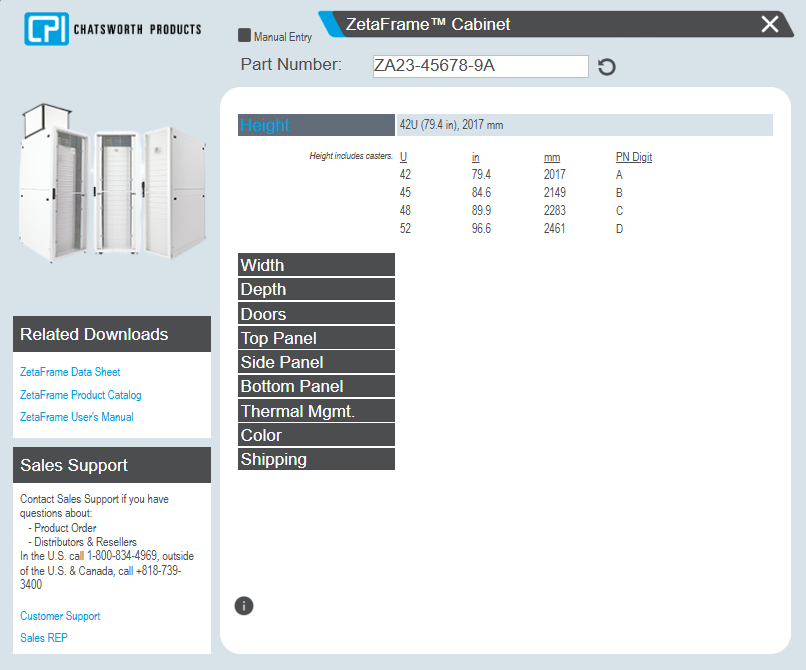 ZetaFrame Cabinet specifications including height, width, and depth.