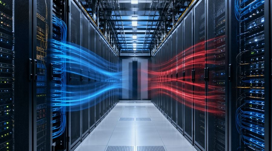 Server cabinets showing front-to-back airflow patterns for data center cooling optimization.