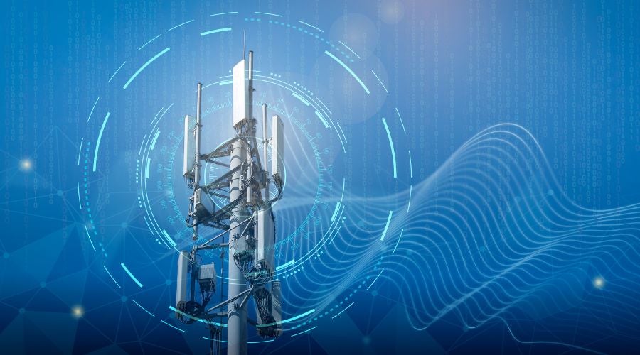 Telecommunication tower with digital elements and blue background.