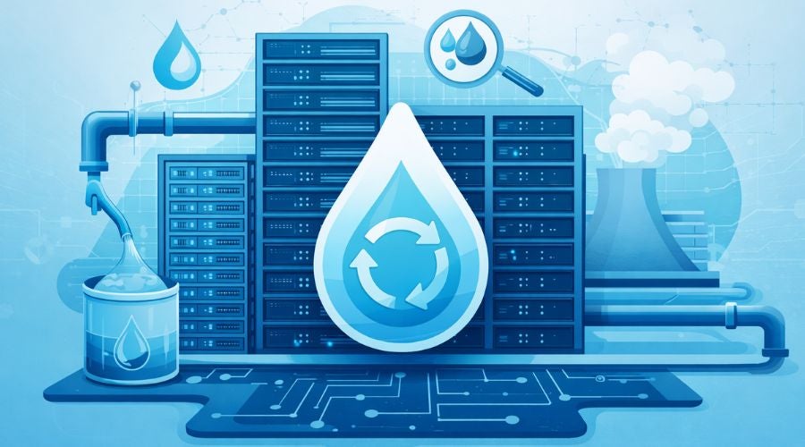 Conceptual illustration of a data center with blue server racks, water recycling droplet icon, and piping system representing water conservation in cooling systems