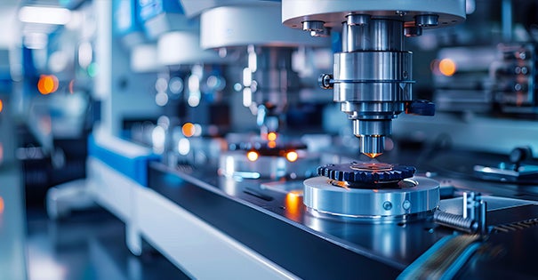 Close-up of a precision machining tool in a manufacturing setting.